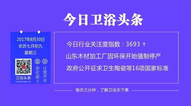 【2017年8月30日】三分钟头条，了解卫浴天下事