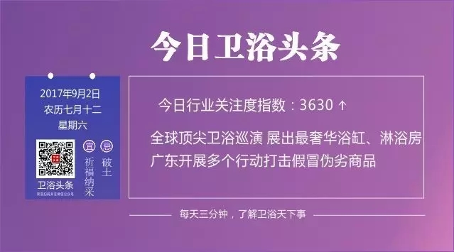 【2017年9月2日】三分钟头条，了解卫浴天下事