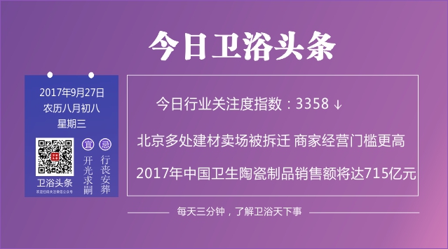 【2017年9月27日】每天三分钟，了解卫浴天下事